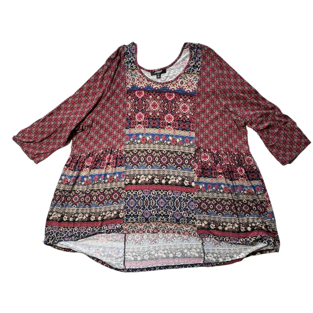 Chelsea Studio Tunic Women 4X Red Mixed Floral Patchwork Boho Peasant Top